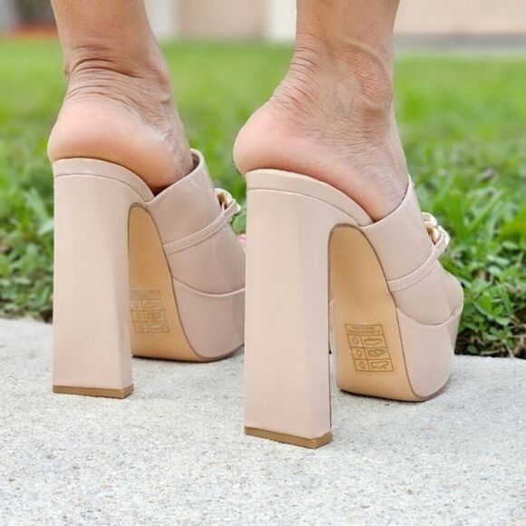 Women's Platform Heeled Mule Open Loafers Nude Color Patent - Picture 3 of 6
